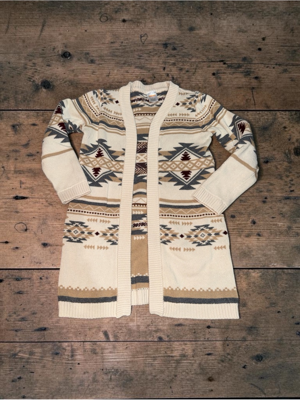 Gymboree Cream Aztec-Pattern Open Cardigan with Tan and Gray Accents (6)